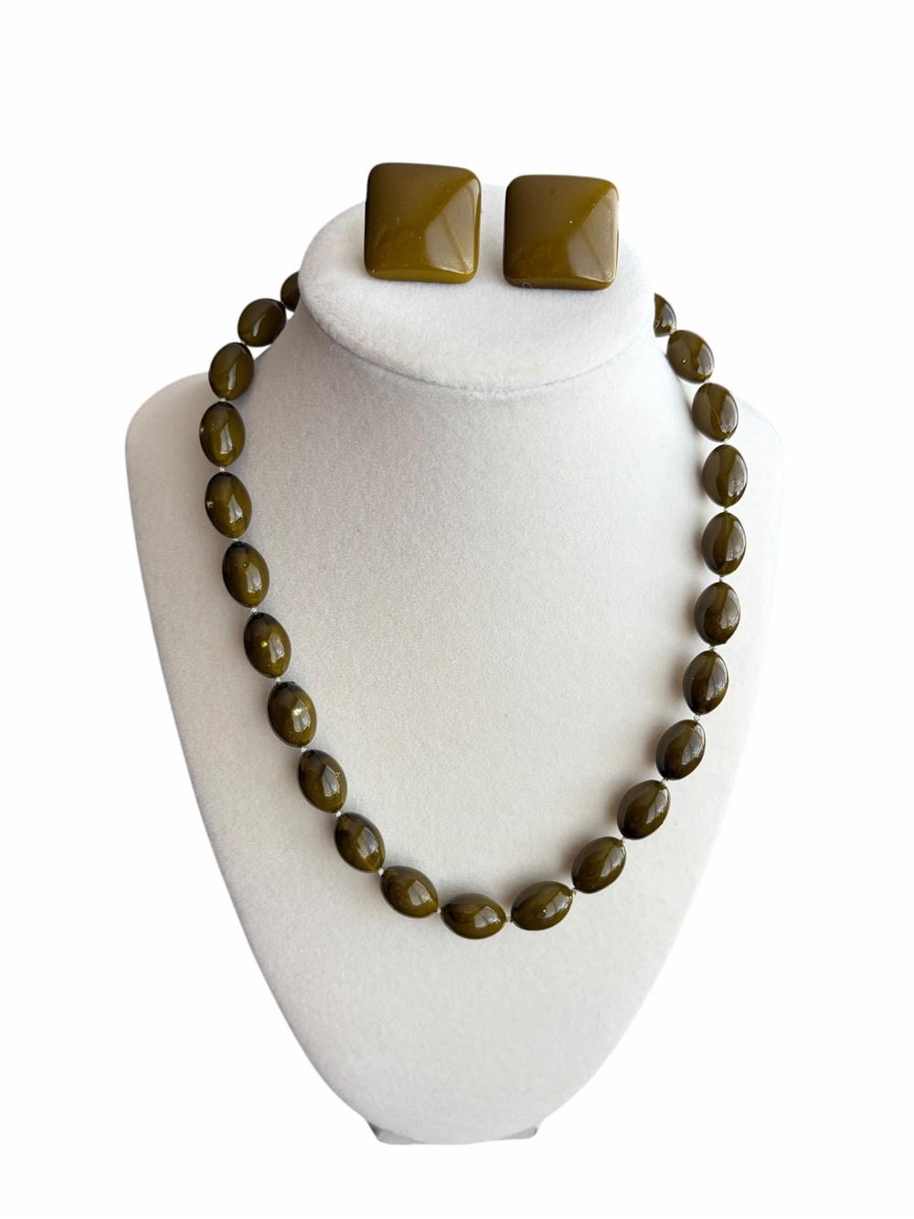 Vintage Olive Bead Necklace with Matching Square Earrings